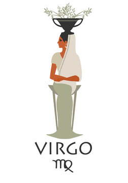 Zodiac in the style of Ancient Greece. Virgo. Woman dressed in the style of ancient Greece, sitting on a tripod and carrying an amphora with olive branches on her head. Isolated on white background.