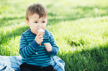 Cheerful child in a blue sweater eating ice cream on a background of grass, outdoors