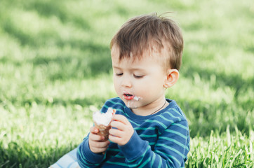 Cheerful child in a blue sweater eating ice cream on a background of grass, outdoors