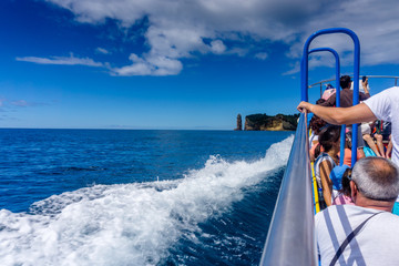Obraz premium Boat Deck Underway Island In View.