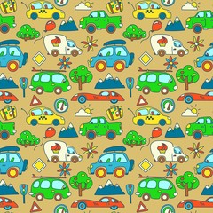 Seamless vector color pattern with cartoon cars stylized for children