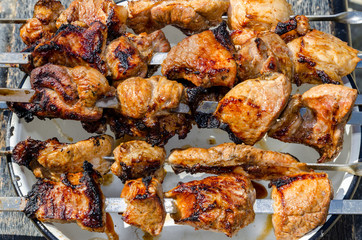 Fresh hot shish kebab on lamb and pork charcoal