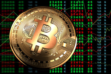 Bitcoin. Pièce de bitcoin vue du dessus sur fond de graphique boursier