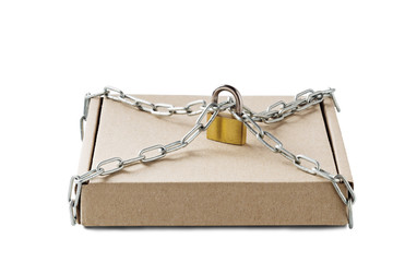 Kraft cardboard delivery boxes and padlock, chains on isolated white background. Pattern for...