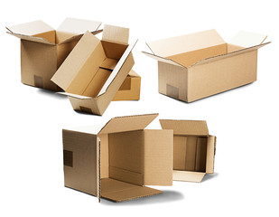 set piles of cardboard boxes on isolated white background. Parcel with empty space for your text. Pattern for delivery or post service.