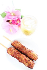 Japanese food, grilled mince chicken Tsukune and Plum wine 