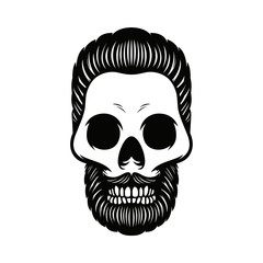 Monochrome vector illustration of skull with beard and hair