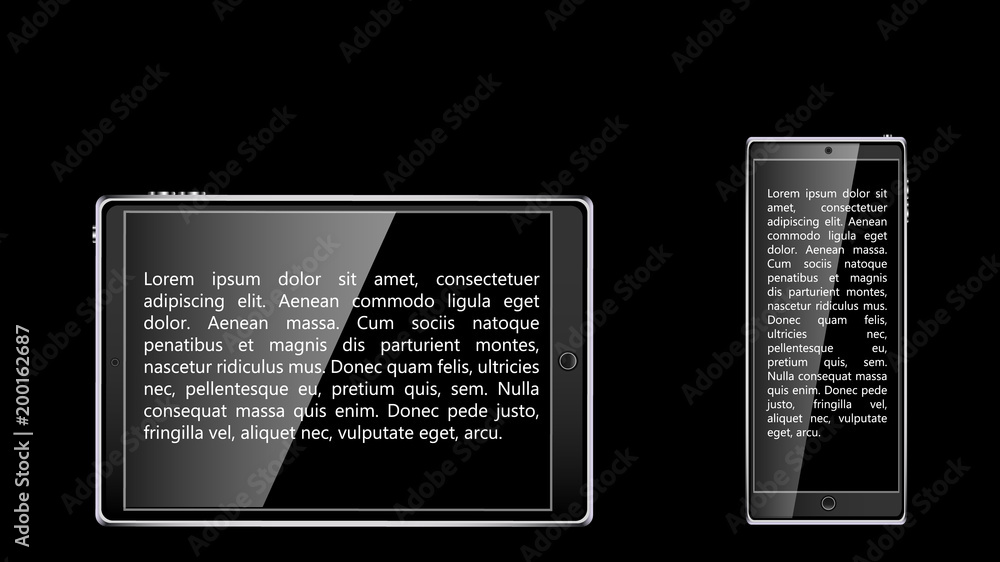 Poster black realistic mobile touch smart tablet computer and mobile phone, smartphone with black glossy bl