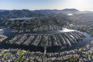 Aerial view of lakeside homes and street in the Thousand Oaks and Westlake Village communities in...