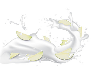 Milk splash 3d illustration with slices of green apple. Cream pouring wave yogurt packaging template.