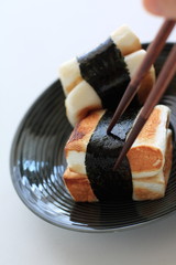 Japanese food, pan fried fish cake and seaweed