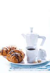 Croissant with Chocolate Espresso and milk Milk Tradition Morning Baking Sweet Dessert on the White Background Copy space for Text
