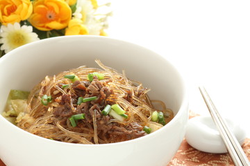 Chinese food, glass noodles and beef stir fried