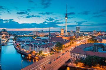 Berlin skyline with Spree river at night, Germany