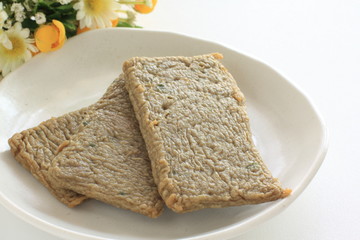 Asian food, oily fish cake on dish