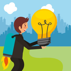 Fototapeta na wymiar businessman with rocket in back holding bulb idea vector illustration