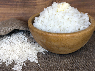 Bowl of long grain rice with butter. 
