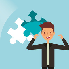 businessman happy man with puzzle team work collaboration vector illustration