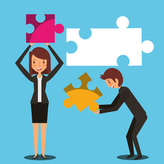 business man and woman holding pieces of puzzle teamwork vector illustration