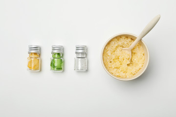 Homemade effective acne remedy and ingredients on white background