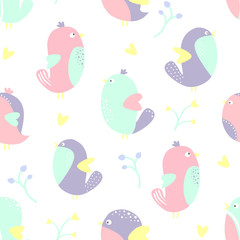 Seamless pattern with cute bird on white background. Ornament for textile and wrapping. Vector.