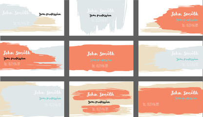 Drawn Business Cards Vector Template Collection. Ink, Oil Paint Brush Strokes Cool Banners Set. Creative Atristic Grungy Retro Corporate Identity. Funky Strokes Cool Business Cards Vector Template.