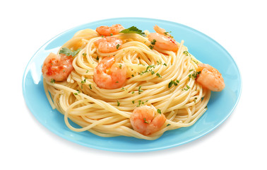 Plate with spaghetti and shrimps on white background