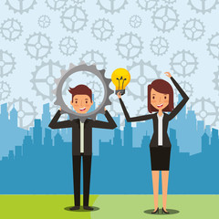 Fototapeta na wymiar business man and woman with bulb and gear cooperation teamwork vector illustration