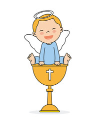 baptism invitation card. Smiling angel boy sitting on a calyx