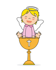 baptism invitation card. Smiling angel girl sitting on a calyx