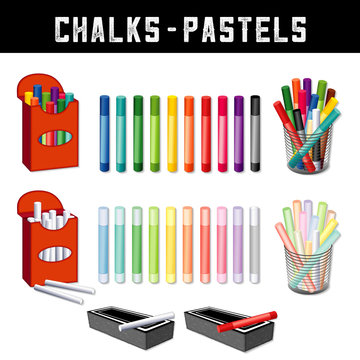Chalks and Pastel Crayons, art supplies in twenty rainbow colors, box and desk organizers, erasers, for home, office, back to school, art and craft projects, scrapbooks. 
