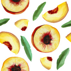 Watercolor illustration of juicy peach fruit pattern set