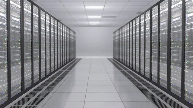 3D rendering of modern working data servers with flashing LEDs. Server room in date-center
