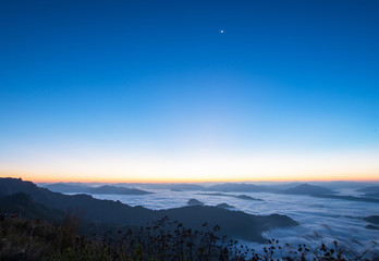 Beautiful natural landscape Sea fog With the first morning sun bright Mountain"Phu Chi FAH" Chiang Rai Thailand