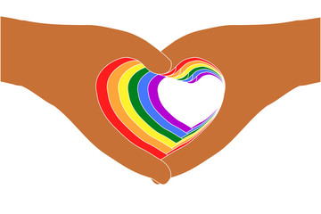 Support LGBTQ concept. Seven pairs of colorful hands in heart shape on transparent (white) background, stacking in human skin and rainbow colors (GLBT, or LGBT symbol). Vector illustration, EPS10.