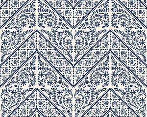 Woodblock printed indigo dye seamless ethnic geometric pattern. Traditional oriental floral ornament of India Kashmir and chevron motif, ecru on navy blue background. Textile design. - 200171696