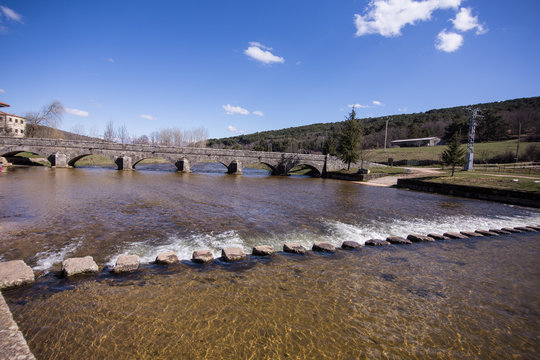 Rio Duero passing through the town of Salduero in Castilla y Le&oacute;n Spain