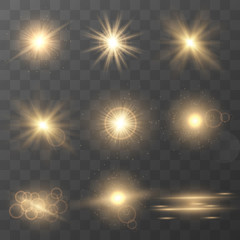 Set of golden glowing lights effects isolated on transparent background. Glow light effect. Star burst with sparkles. lens flare.Sun rays.