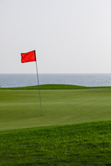 golf course with green grass and red pin flag, sea background