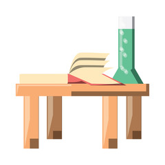 table with book and chemical flask icon over white background, colorful design. vector illustration