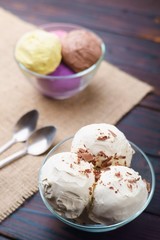 Healthy dietary yoghurt ice cream in glass bowl