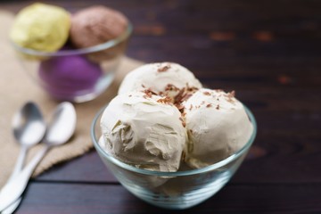 Healthy dietary yoghurt ice cream in glass bowl