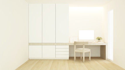 Fototapeta na wymiar Workplace and wardrobe in condominium or hotel - Study room white tone artwork for apartment or home - 3D Rendering