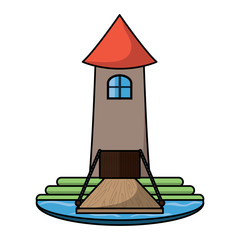 castle tower with drawbridge over white background, colorful design. vector illustration