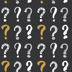 Questions marks seamless pattern. Hand drawn sketched doodle signs, grunge textured retro background. Vintage typography design print, vector illustration