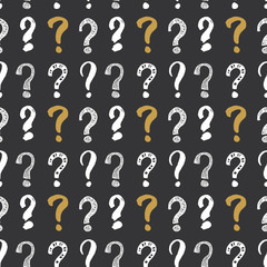 Questions marks seamless pattern. Hand drawn sketched doodle signs, grunge textured retro background. Vintage typography design print, vector illustration