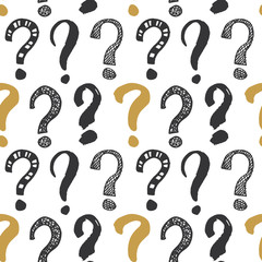 Questions marks seamless pattern. Hand drawn sketched doodle signs, grunge textured retro background. Vintage typography design print, vector illustration