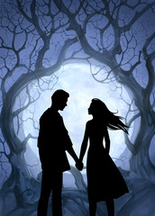 Beautiful cartoon black silhouette illustration of a young couple in love holding hands on a romantic background