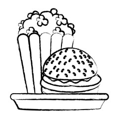sketch of hamburger and pop corn over white background, vector illustration