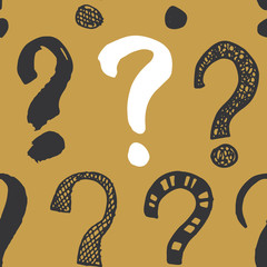 Questions marks seamless pattern. Hand drawn sketched doodle signs, grunge textured retro background. Vintage typography design print, vector illustration